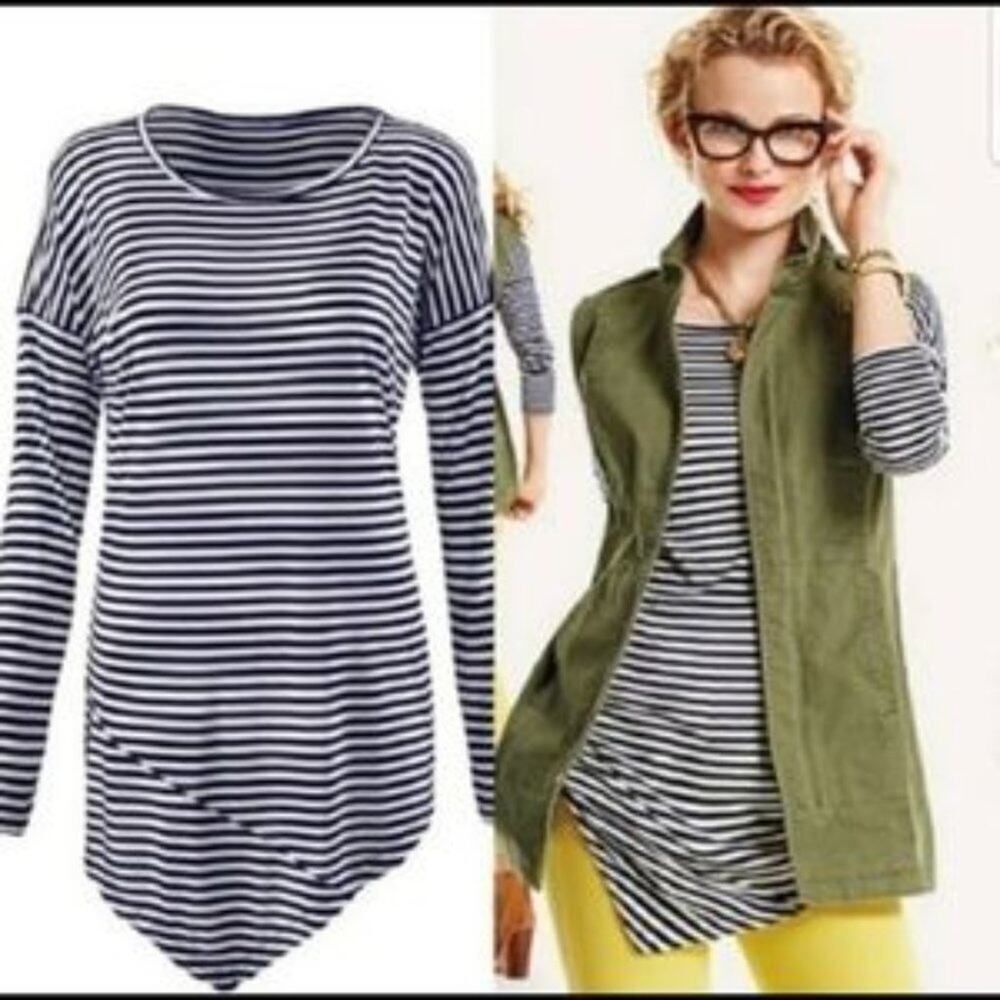 CAbi #5064 Boat Stripe Navy + White Nautical Long Sleeved Tee Size Woman's XS